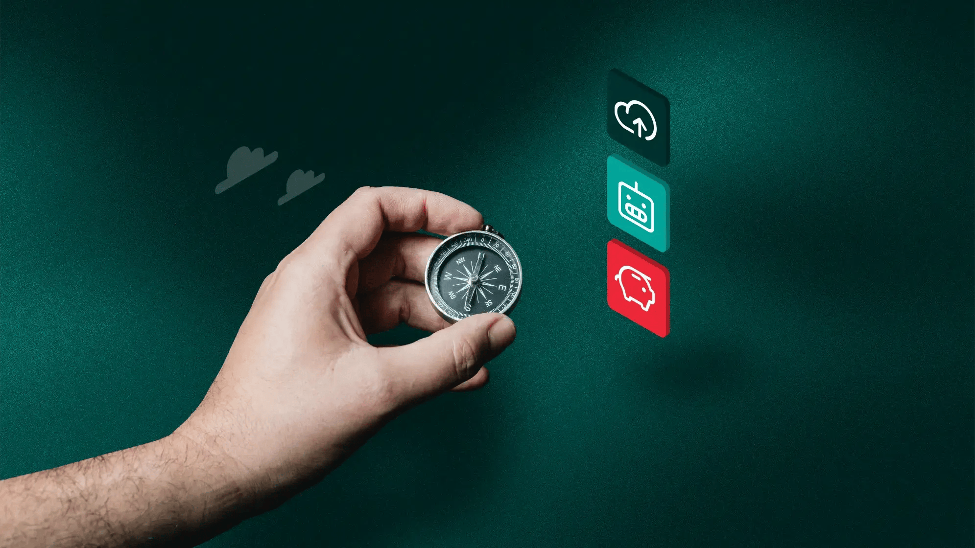 Eine Hand hält einen Kompass, daneben Icons für Cloud, KI und Kosten.